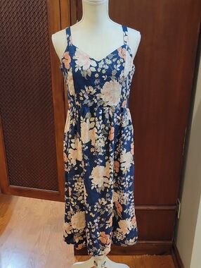 Cynthia Rowley | Navy Blue 100% Linen Midi Sundress Vibrant Floral Print - US 8